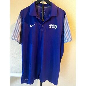 Nike TCU Horned Frogs Dri FIT Polo Mens XL Purple NCAA Golf Shirt Striped Sleeve